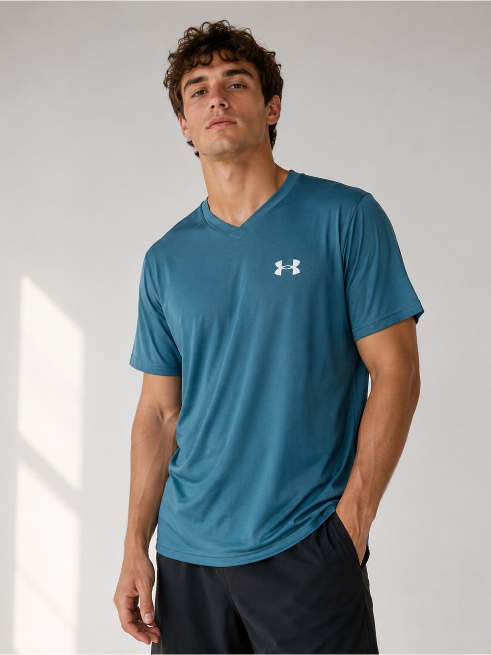 Under Armour Men's Teal V-Neck Athletic T Shirt White Logo
